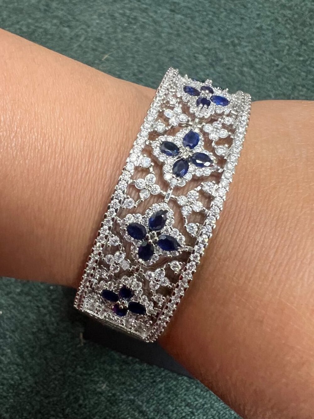 Vintage sapphire Blue CZ Silver Filigree Wide Hinged Cuff Bracelet Statement